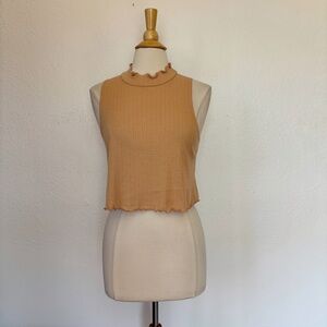 Solid Tan Lettuce Hem Mock Neck Sleeveless Crop Top